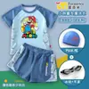 Traje de baño infantil de manga larga Super Mario para niños, talla grande, traje de baño holgado, conjunto de bañador y gorro de natación con protección solar para niños
