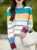 Camiseta base ligera, elegante y versátil para mujer, nueva para primavera y otoño, algodón puro, bloques de color, rayas de arcoíris, tejido jacquard, manga larga