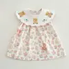 Vestido de Verão para Bebê Menina em Algodão Puro com Bordado de Urso na Gola e Estampa de Desenho Animado. Vestido Fofo para Crianças Pequenas e de Tamanho Médio