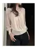 Camisa feminina estilo francês em Liocel com mangas bufantes, estilo elegante e suave, blusa de outono plissada de manga longa