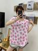 Blusa Feminina de Algodão Artificial com Estampa Floral de Manga Curta e Seda de Algodão Estilo Morcego É Solta, Justa, Confortável e Respirável para Usar em Casa e como Roupa Íntima