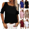 Moda Casual Feminina Primavera e Verão 2025 Roupas Europeias e Americanas Transfronteiriças Amazon Wish Cor Lisa Ombro a Ombro Solta Manga Curta Camiseta para Mulheres