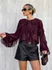 Blusa de Gasa Elegante Color Borgoña con Cuello Redondo y Volantes Estilo Retro Francés para Mujer Diseño Primavera 2026