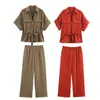 Conjunto de Duas Peças Calça Wide Leg e Camisa Estilo Safari para Férias Transfronteiriças