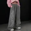 Pantalones de Chándal Anchos para Mujer con Letras de Pedrería, Estilo Retro Americano Desgastado, Pantalones Deportivos Casuales Convertibles con Puño, Pantalones de Cintura Alta de Longitud Completa