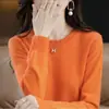Camisa básica de renda macia e casual com gola redonda para mulheres, novo suéter de tricô estiloso de manga longa para outono e inverno, caimento solto