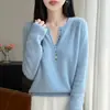 Nuevo Suéter de Lana 100% Pura para Mujer Otoño/Invierno 2026 con Cuello Semiabierto y Múltiples Botones, Suéter de Punto de Manga Larga