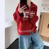 Cardigan Suéter de Tricô Grosso com Zíper e Gola Alta Fair Isle Vermelho para Mulheres, Outono e Primavera, Estilo Japonês e Coreano, Casual
