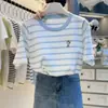 Camiseta de Tricô com Gola Redonda e Manga Curta para Mulheres, Bordado de Cachorro Listrado Estilo Coreano, Top Básico Soltinho de Nicho, Novo Modelo de Verão 2026