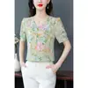 Camisa Feminina de Chiffon Estampada Elegante de Manga Curta Tamanho Grande Estilo Francês Verão 2023 Nova Gola V Redutora de Idade Cobre a Barriga Camisa de Estilista