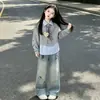Moletom Patchwork Estilo Coreano Peça Falsa Dupla Manga Longa Listrada Gola Camisa Top Novo Estilo Primavera e Outono para Crianças Médias e Grandes