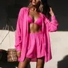 Conjunto de Cardigan Camisa Transparente de Color Sólido de Nuevo Estilo Transfronterizo Europeo y Americano para Resort con Shorts Cubierta de Playa Casual