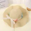 Sombrero de Paja con Adorno de Encaje, Lazo y Flores, Sombrero de Sol para Vacaciones en la Playa, Sombrero de Sol de Ala Ancha Casual para Exteriores