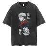 Camiseta Vintage Lavada Street Hip-Hop Anime Gojo Satoru Jujutsu Kaisen Gráfica Casual Algodão Verão Manga Curta