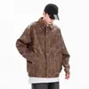 Jaqueta de Couro PU com Lapela Marrom Maillard para Homens, Solta Tendência Primavera e Outono Cleanfit Retrô Cool Jaqueta Biker