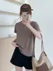Ying+ Treze Linhas Cor Sólida Simples Manga Rebatível Floco de Neve Algodão Camiseta Gola Redonda Emagrecedora Versátil Manga Curta M36-445 Versão Lisa