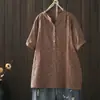 Blusa top de manga corta floral de gasa de algodón de doble capa con cuello en V para mujer, camisa holgada de talla grande para mujer