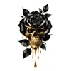 Pegatina de tatuaje estilo oscuro con relieve dorado con calavera, rosa negra, gotas doradas, para hombros, parte superior de los brazos y espalda, pegatina de tatuaje temporal impermeable
