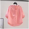 Camisa azul con mangas abullonadas para mujer, nuevo estilo verano 2026, holgada y estilizada, mangas de tres cuartos, cuello polo, top versátil y rejuvenecedor