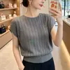 Camiseta Feminina de Tricô Vazado com Mangas Curtas, Estilo Fino, Nova Chegada Verão 2026, Gola Redonda, Mangas Flare, Solta, Top que Esconde o Corpo