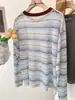 Blusa de Punto de Seda Helada con Rayas Contrastantes de Diseño Nicho Coreano de Manga Larga para Mujer Verano Delgado Protector Solar