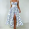 Nuevo Vestido de Tirantes Estilo Verano Bajo Escote Atado Abertura Cintura Alta Estampado de Frutas Fresco y Dulce