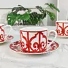 Juego de Porcelana Ósea Roja China Ventana de Hierro Española Taza de Café y Platillo Porcelana Ósea Roja China Seis Tazas y Seis Platillos Venta al por Mayor Transfronteriza
