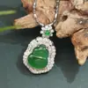 Colgante de Plata de Ley S925 con Jade Natural Birmano Grado A de Dragón y Sol Calabaza Verde, Modelo 9163, Collar Estilo Nacional de Jade