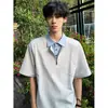 Camiseta de Manga Corta con Cuello de Camisa Falso de Dos Piezas para Hombre, Polo de Verano de Peso Pesado con Media Cremallera, Retazos Retro Americanos de Manga Corta