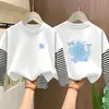 Camiseta de manga longa 100% algodão para meninas, nova para primavera e outono, camisa de base infantil, tamanho médio e grande, blusa infantil de duas peças falsas com desenho