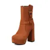 Botas de Cavaleiro Europeias e Americanas Tamanho Grande Veludo Mesa d'Água Fosco Grosso Elegante Salto Alto Fivela de Cinto 40 Botas Curtas Botas Transfronteiriças Comércio Exterior 44 Feminino