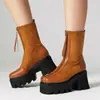 Botas de mujer impermeables con plataforma, cremallera, tacón alto cuadrado 34-43 otoño e invierno, botas de cuero de corte bajo estilo europeo y americano, punta redonda y suela gruesa antideslizante