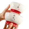 Tazón Retro de Nuevo Estilo con Diseño Antiescaldado y Patas Altas con Borde Rojo, Vajilla de Cerámica para Uso Doméstico, Plato de Vajilla para Regalo