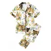 Pijama de Seda de Leche de Comercio Exterior Europeo para Mujer Primavera y Otoño Manga Corta Pantalón Largo Estampado de Gato Ropa de Casa Venta al por Mayor de Fábrica