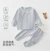 Ropa interior de algodón puro para recién nacidos, primavera/otoño, conjunto de dos piezas con botones de presión parciales, para bebés, sin etiquetas, Clase A, cintura alta, protección para la barriga, ropa para el hogar