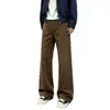 Pantalones de Trabajo de Mezclilla Pura Color Café Tiburón Gill Estilo Retro Americano Pierna Recta Suelta Ligeramente Acampanados para Hombre