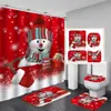 Cortina de Ducha Decorativa de Muñeco de Nieve a Cuadros Rojos Navideños, Poliéster Impermeable y Resistente al Moho, Juego de Cuatro Piezas para Bañera de Baño