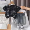 Conjunto de Ropa de Verano para Niños, Conjunto de Dos Piezas de Pantalones Cortos de Mezclilla de Manga Corta con Letras Inglesas para Bebé, Ropa Delgada y Elegante para Niños