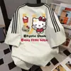 Camiseta de Manga Corta con Bloques de Color y Tres Rayas, Estampado Divertido de Dibujos Animados para Mujer, Top Casual Holgado para Verano 2025