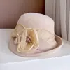 Sombrero de Cena para Dama Sombrero de Fieltro de Lana Australiana Flor de Hilo de Cáñamo Tridimensional Sombrero de Pescador Estilo Hepburn para Mujer Sombrero de Copa de Ala Curva