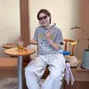 Top chic de estilo coreano para llevar solo diseño sentido nicho estilo suelto perezoso cuello redondo estampado gris camiseta de manga corta mujer verano