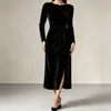 Vestido de otoño/invierno para mujer, de terciopelo, de manga larga, con cinturón de corbata, abertura y corte ajustado, longitud midi, de importación europea y americana