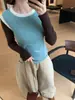 Suéter de Tricô Feminino Outono Doce Estilo Vintage Simples Design Color Block Slim Fit Gola Redonda Manga Longa 66973