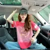 Camiseta de Algodão Puro Super Popular Coração Grafite 2025 para Mulheres, Lindo Design Tie-Dye Degradê, Blusa Solta que Cobre a Barriga