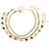 Conjunto de tornozeleiras de corrente com cristal de coração colorido minimalista transfronteiriço europeu e americano, acessório de pé de corrente de metal torcido da moda
