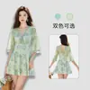Traje de baño de una pieza para mujer Happy Yuan con estampado floral francés de malla, manga media, cuello en V, espalda favorecedora, que disimula y protege del sol, traje de baño conservador para vacaciones