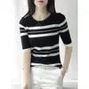 Camiseta listrada de manga curta em algodão puro, novo estilo de verão, retrô japonês solta casual versão coreana, top color block simples e versátil