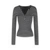 Camiseta de Manga Larga a Rayas de Color Contrastante [Wool Stretch] para Mujer, Capa Interior de Otoño Ajustada a la Cintura con Medio Cuello Abierto