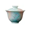 Xícara de Cerâmica com Tampa de Dois Níveis, Flor Boca de Flor de Orquídea Pintada à Mão com Esmalte Submerso, Novo Estilo Chinês, Xícara Doméstica para Preparo de Chá, Conjunto de Chá Kung Fu Azul Rosa