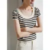 Tienda Insignia Dan Nong de Shanghái/Suéter de Punto Rayado de Manga Corta con Cuello en U Grande para Mujer, Top de Verano Ajustado